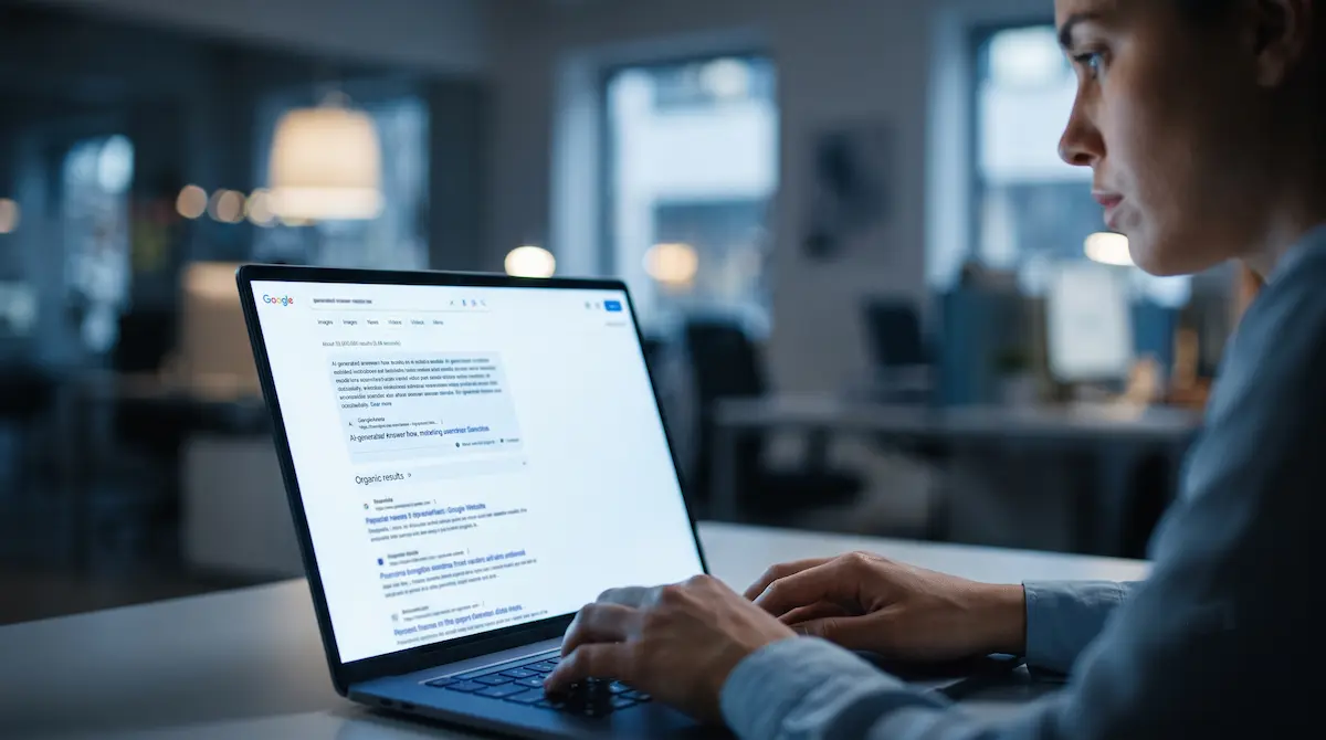 Laptop-Bildschirm zeigt Google-Suchergebnisseite mit AI Overview Box über den organischen Ergebnissen